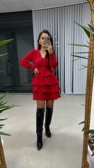 Ms Kırmızı Bel Drapeli Kat Kat Elbise