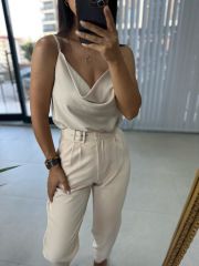 Degaje Askılı Crep Saten Taş Bluz