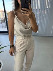 Degaje Askılı Crep Saten Taş Bluz
