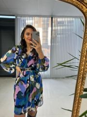 Ays Vatkalı Pembe Geçişli Şifon Elbise