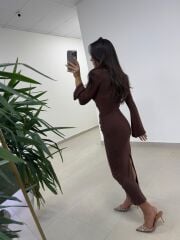 Np 23151 A. Kahve Halka Gold Tokalı Elbise