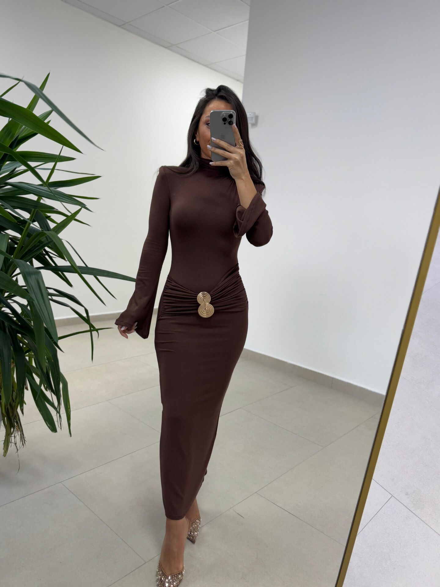 Np 23151 A. Kahve Halka Gold Tokalı Elbise