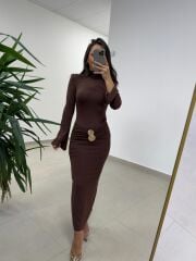 Np 23151 A. Kahve Halka Gold Tokalı Elbise