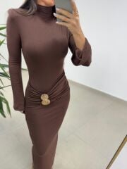 Np 23151 A. Kahve Halka Gold Tokalı Elbise