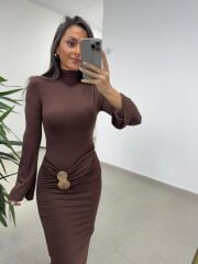 Np 23151 A. Kahve Halka Gold Tokalı Elbise