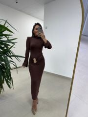 Np 23151 A. Kahve Halka Gold Tokalı Elbise