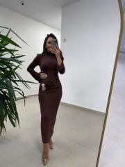 Np 23151 A. Kahve Halka Gold Tokalı Elbise