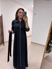 Fz 31347 Kontrast Dikiş Detaylı Kemerli Maxi Siyah Elbise