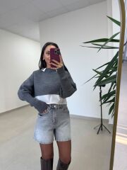 İs 5556 Gri Oversize Gömlekli Kazak