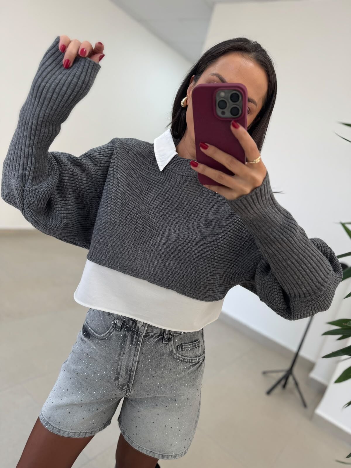 İs 5556 Gri Oversize Gömlekli Kazak