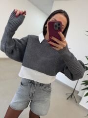 İs 5556 Gri Oversize Gömlekli Kazak