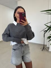 İs 5556 Gri Oversize Gömlekli Kazak