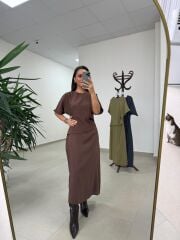 Bh 29410 Bluz Görünümlü Kahve Tensel Elbise