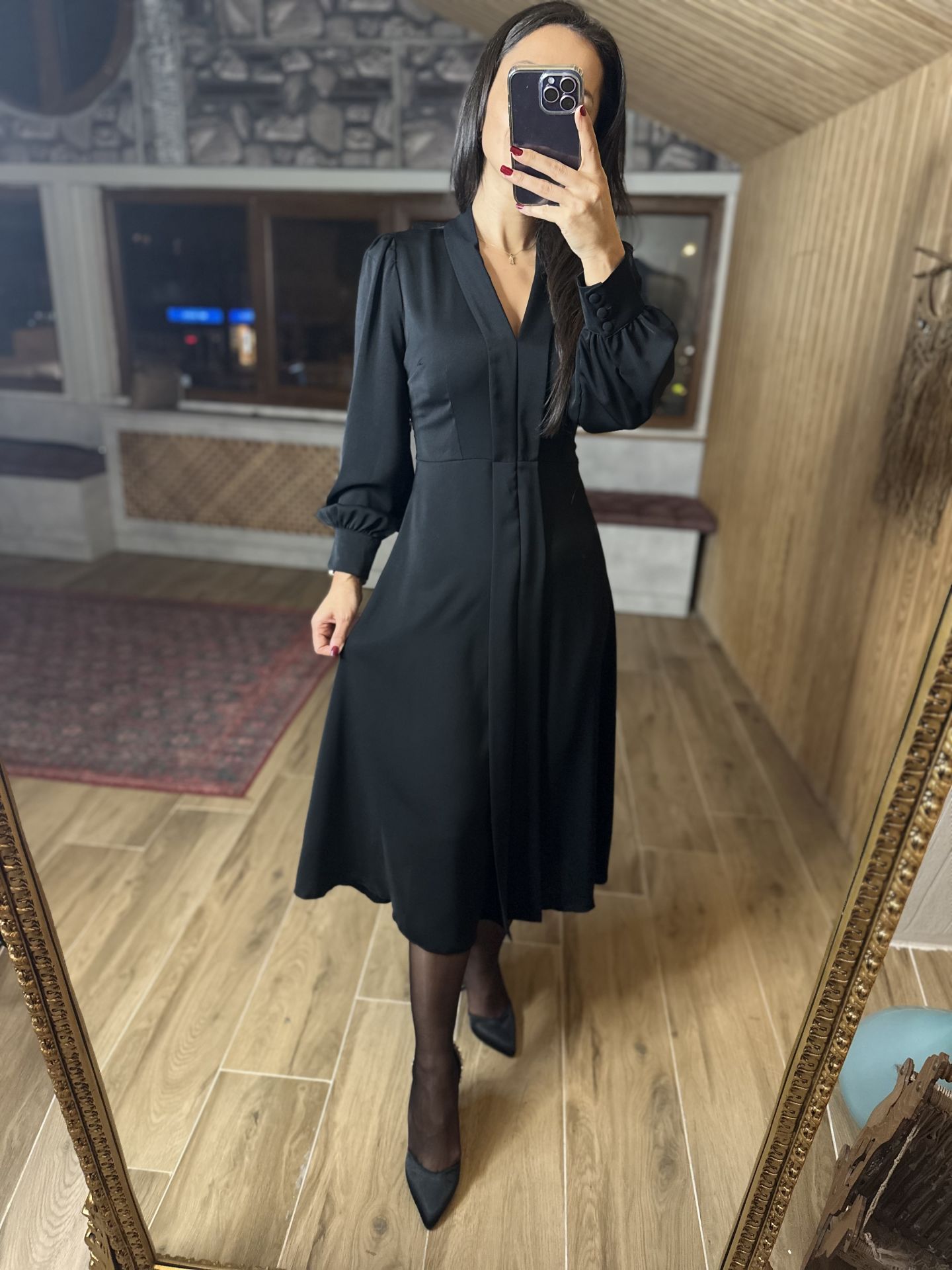 Ms Ceket Yaka Midi Siyah Elbise