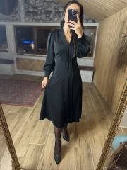 Ms Ceket Yaka Midi Siyah Elbise