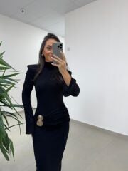 Np 23151 Siyah Halka Gold Tokalı Elbise