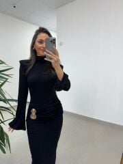 Np 23151 Siyah Halka Gold Tokalı Elbise