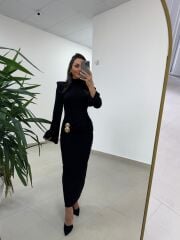 Np 23151 Siyah Halka Gold Tokalı Elbise
