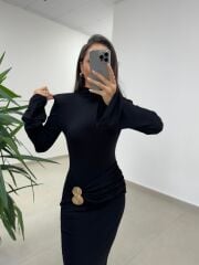 Np 23151 Siyah Halka Gold Tokalı Elbise