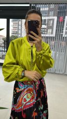 Saten Yağ Yeşili Bomber Mont