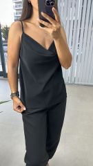 Degaje Askılı Crep Saten Siyah Bluz