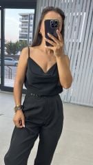 Degaje Askılı Crep Saten Siyah Bluz