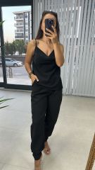Degaje Askılı Crep Saten Siyah Bluz