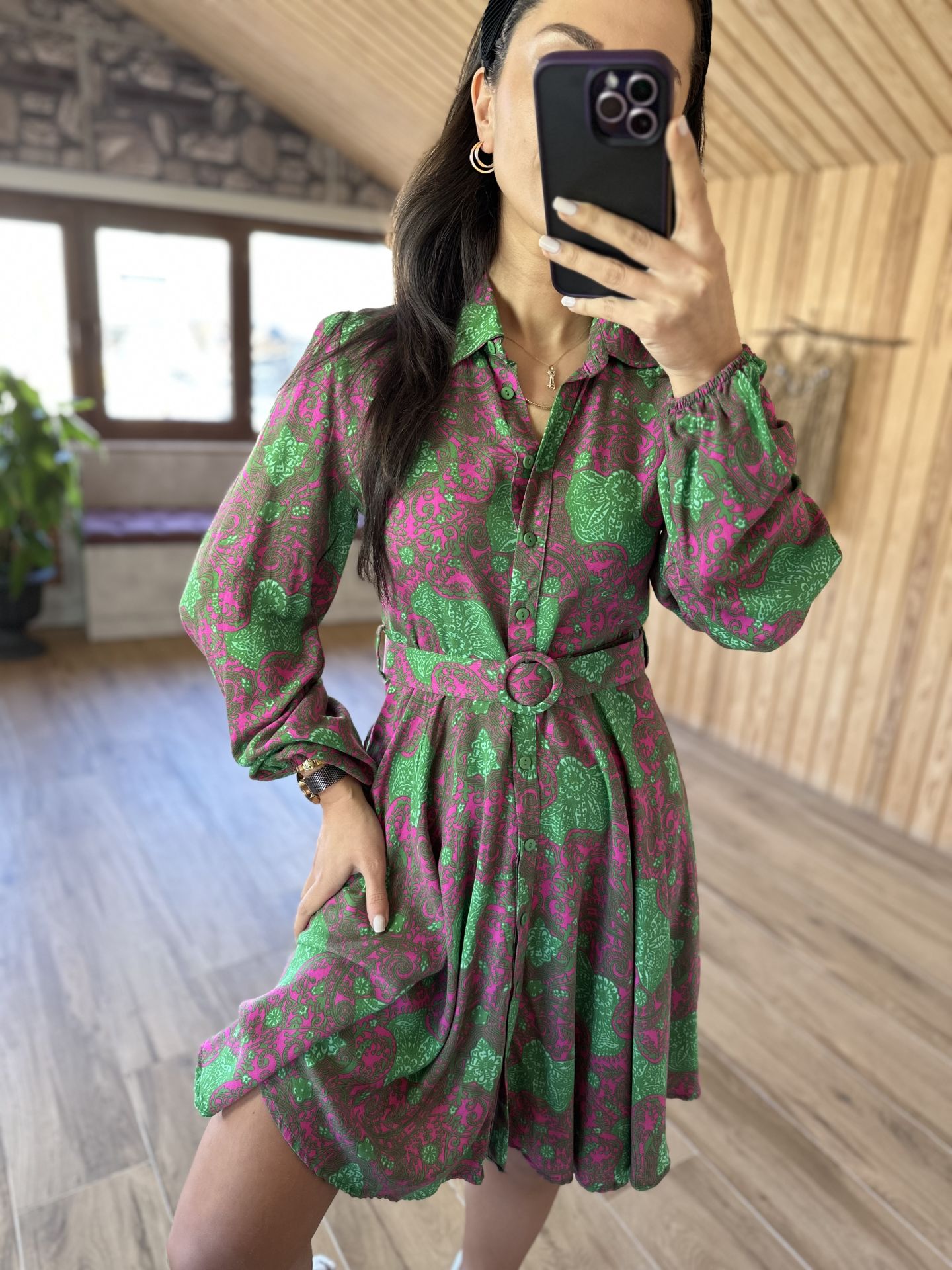 My 3065 Green paisley pattern shirt dress