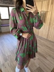 My 3065 Yeşil şal desen gömlek elbise