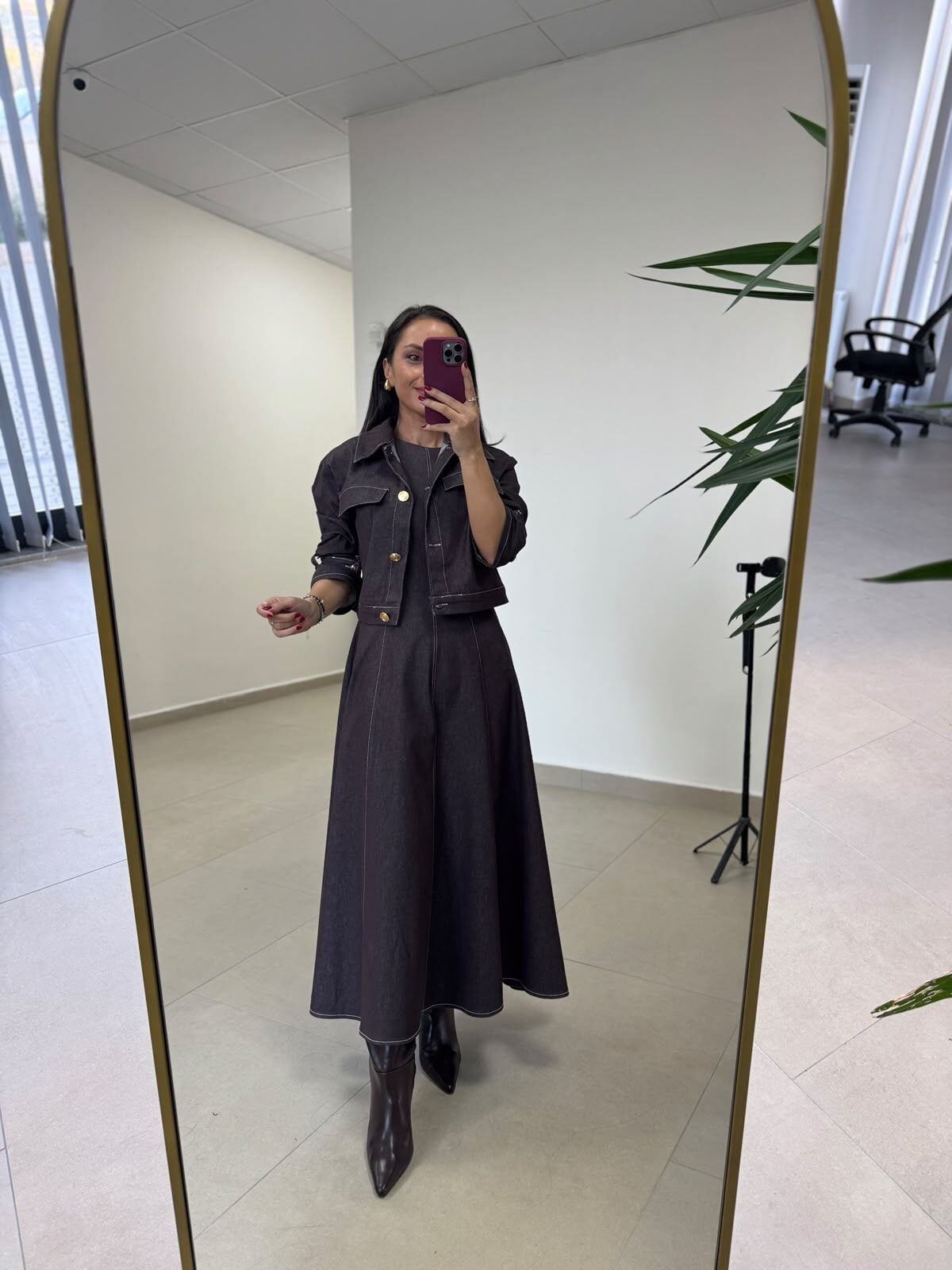 Kk 8086 Ceketli Kahve Denim Elbise