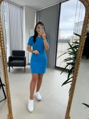 My 3364 Crep Dikişli Mavi Kalem Elbise