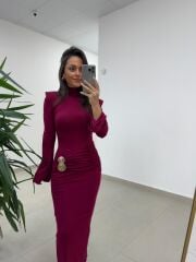Np 23151 Vişne Halka Gold Tokalı Elbise
