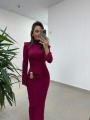 Np 23151 Vişne Halka Gold Tokalı Elbise