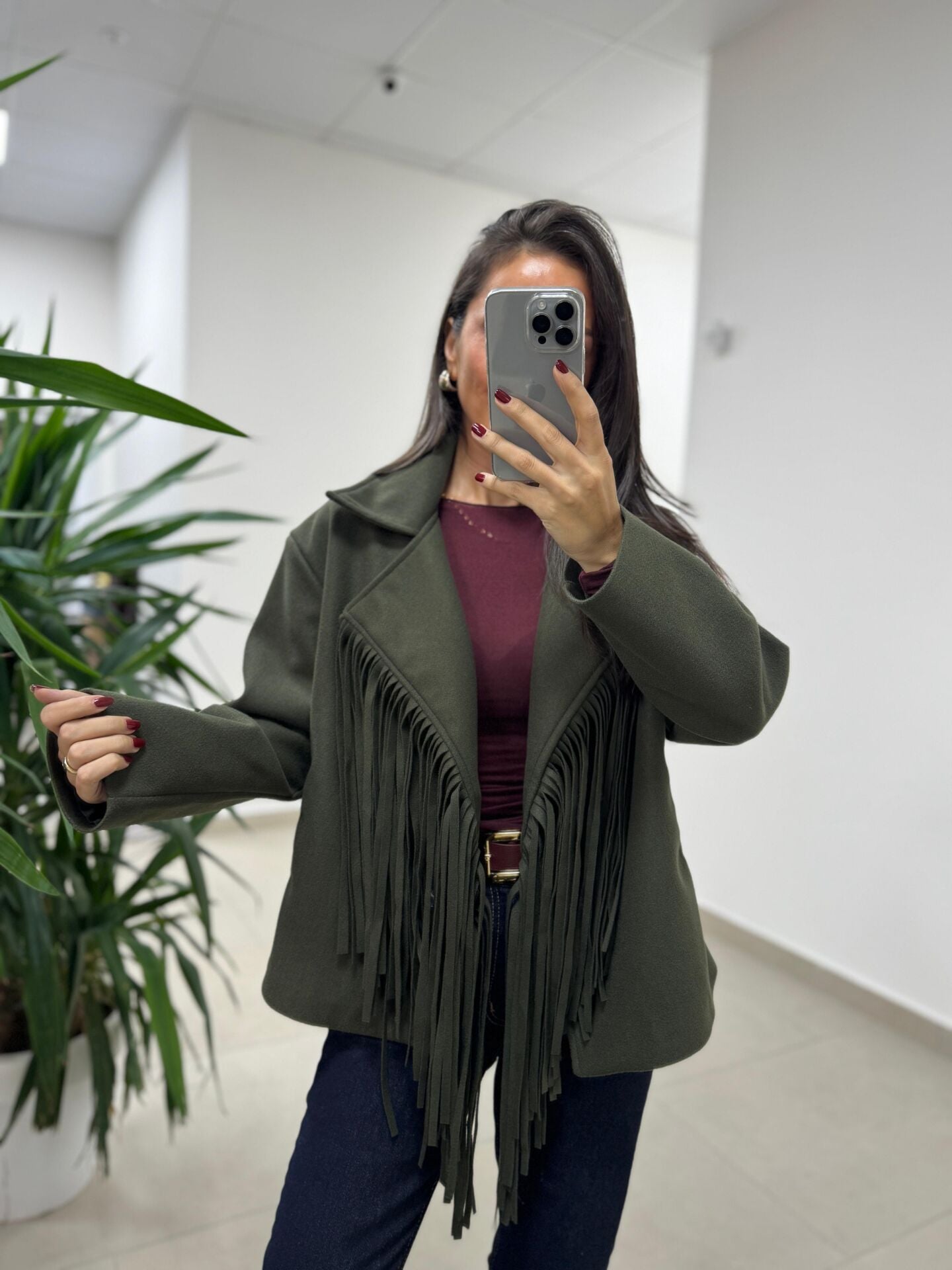 Ms 218 Püskül Detaylı Haki Kaşe Ceket