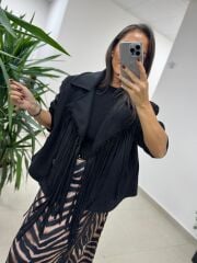 Ms 218 Püskül Detaylı Siyah Kaşe Ceket