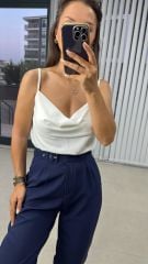 Degaje Askılı Crep Saten Beyaz Bluz