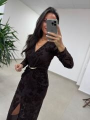 Ry 35541 Bel Tokalı Kahve Flok Elbise