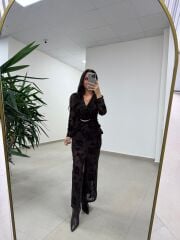 Ry 35541 Bel Tokalı Kahve Flok Elbise