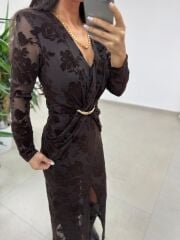 Ry 35541 Bel Tokalı Kahve Flok Elbise