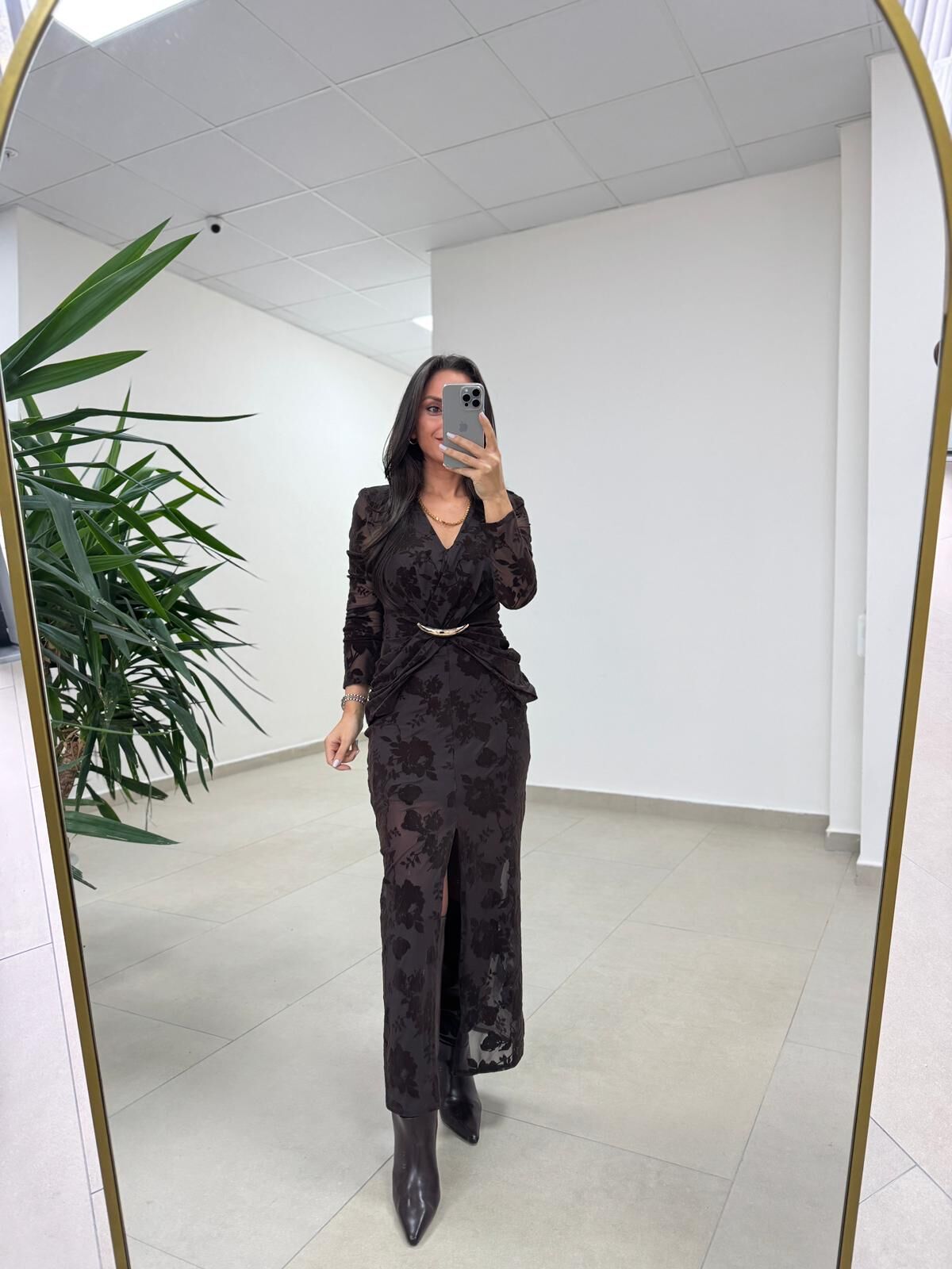 Ry 35541 Bel Tokalı Kahve Flok Elbise