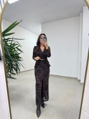 Ry 35541 Bel Tokalı Kahve Flok Elbise