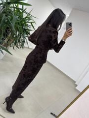 Ry 35541 Bel Tokalı Kahve Flok Elbise