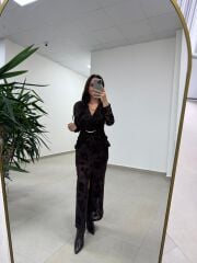 Ry 35541 Bel Tokalı Kahve Flok Elbise