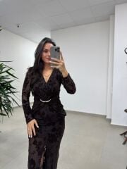 Ry 35541 Bel Tokalı Kahve Flok Elbise