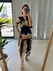 Batik Desen Kendinden Kemerli Şifon Elbise