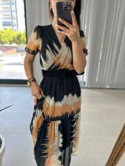 Batik Desen Kendinden Kemerli Şifon Elbise