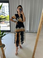 Batik Desen Kendinden Kemerli Şifon Elbise