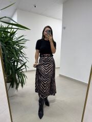 Bb 30469 Kahve Zebra Detaylı Saten Etek