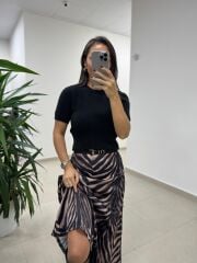 Bb 30469 Kahve Zebra Detaylı Saten Etek