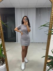 My 3364 Crep Dikişli Gri Kalem Elbise